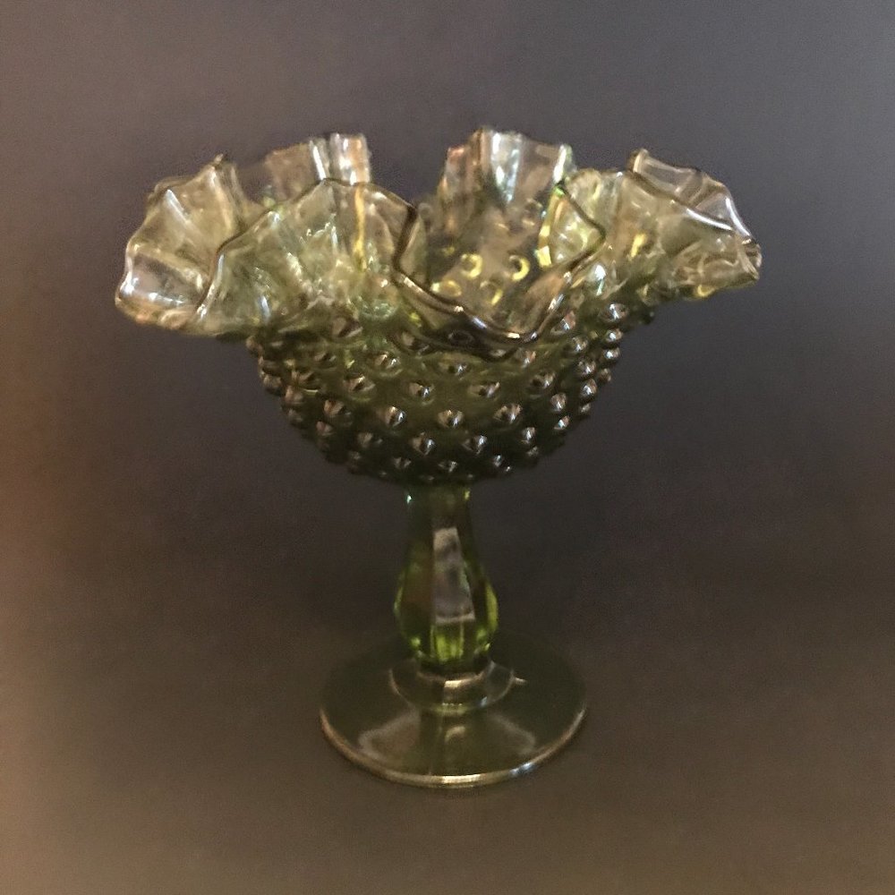 Fenton Avocado Green Glass  Candy / Compote Dish Ruffled Edge Hobnail Pattern